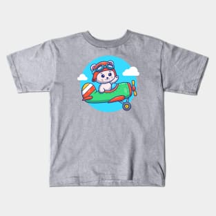 Cute Cat Flying With Vintage Plane Kids T-Shirt